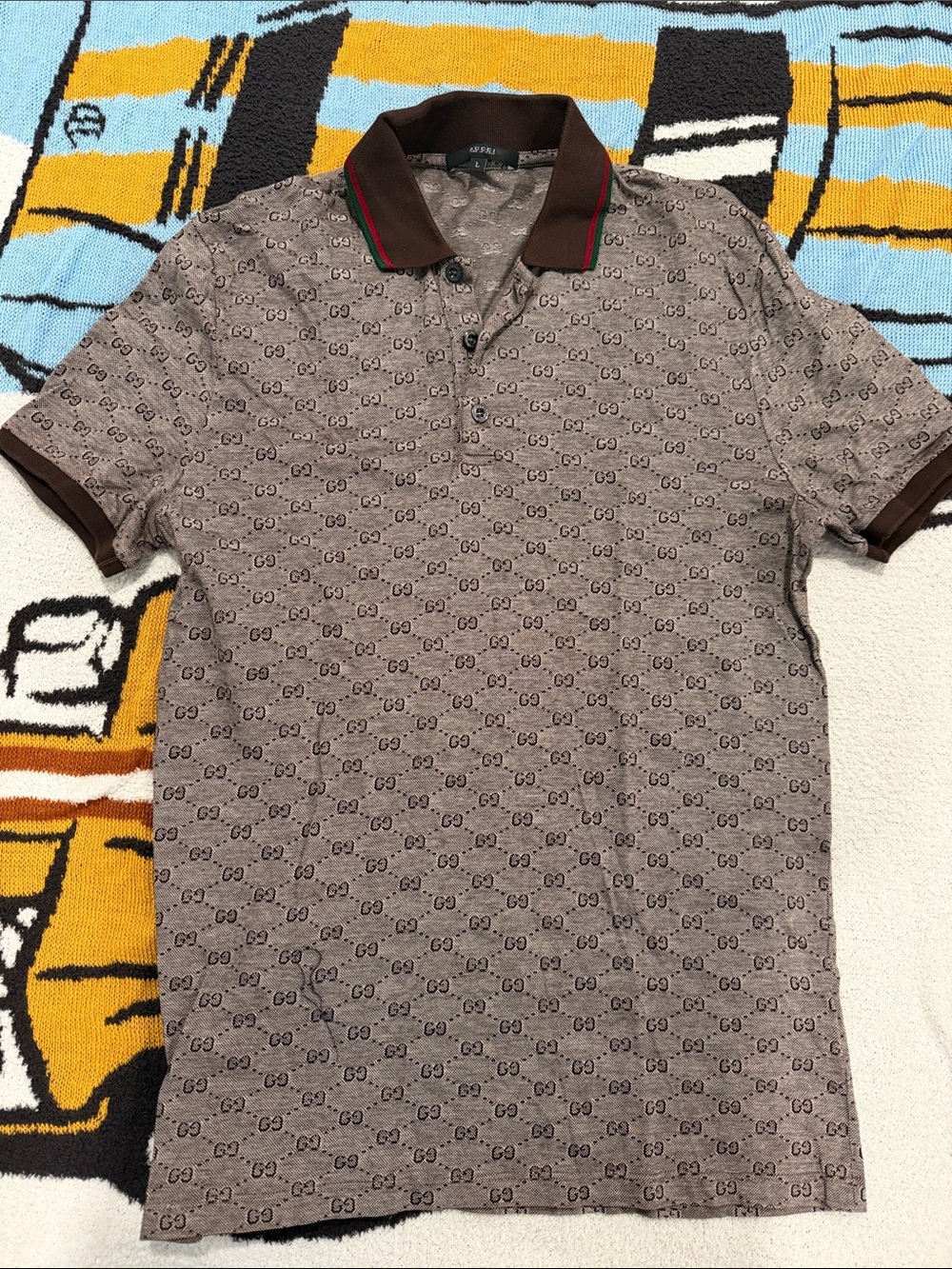 Gucci Brown All-Over Monogram Polo with Contrast Stripe Collar